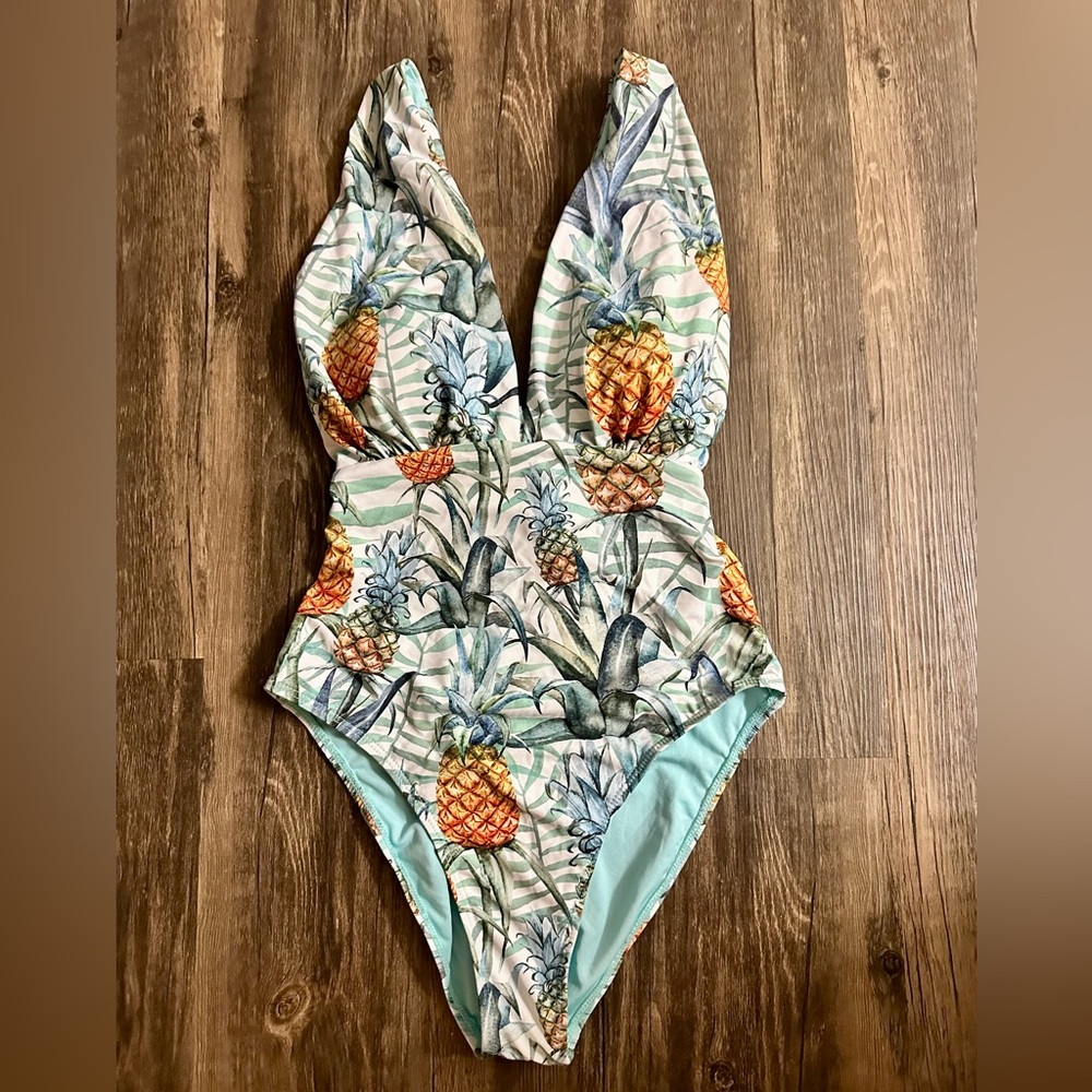 Tropical Green and Blue One Piece Swimsuit with V-Neck